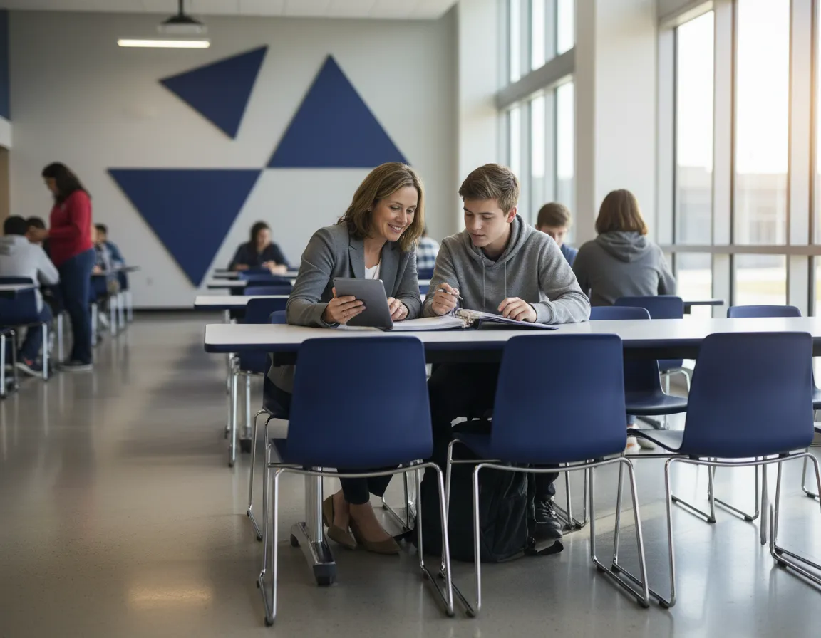 Parent and student meeting in high school cafeteria