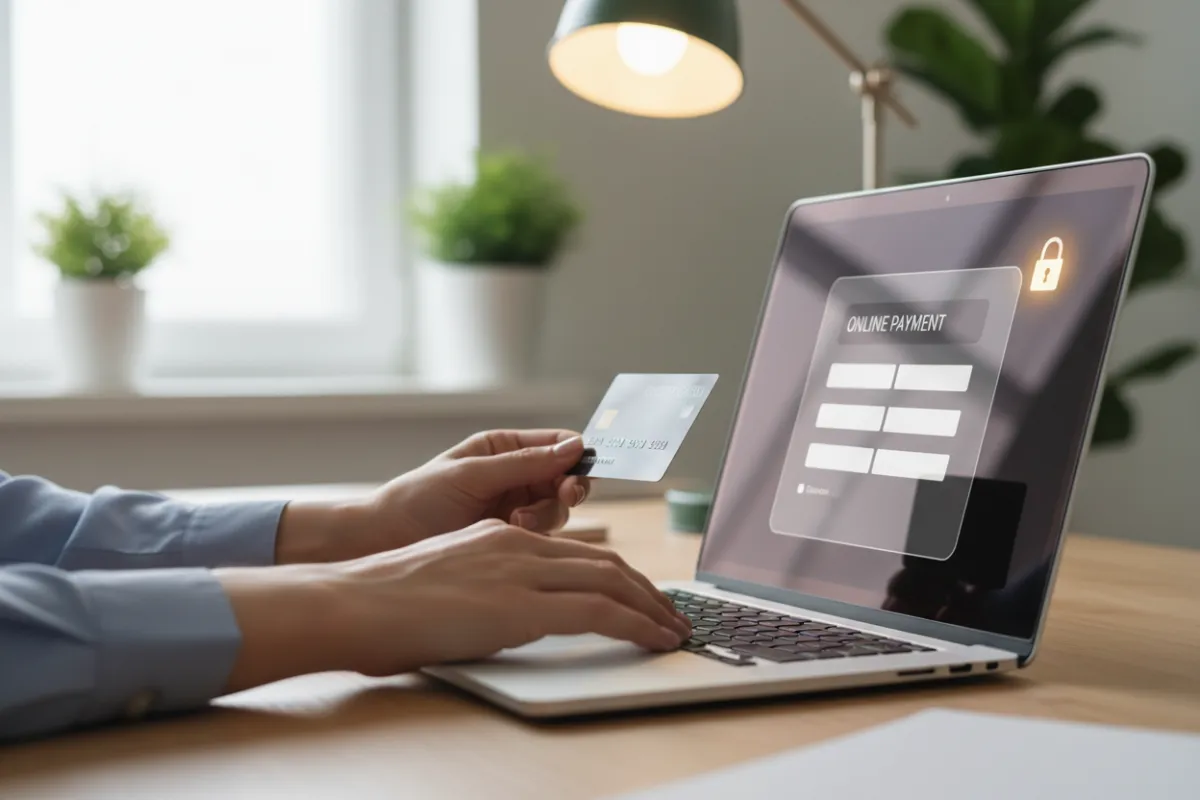 Close-up of hands entering card info on laptop, soft light, secure padlock visible, modern setting