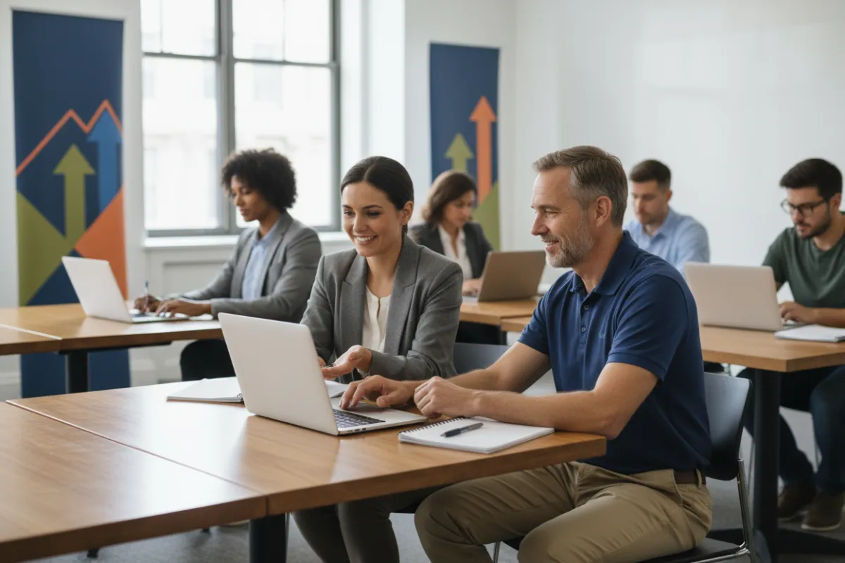 Veteran attending a resume workshop, seated at a table with a laptop and notepad, guided by a career coach in a professional setting. The room features motivational banners and diverse participants, fostering a supportive learning environment.