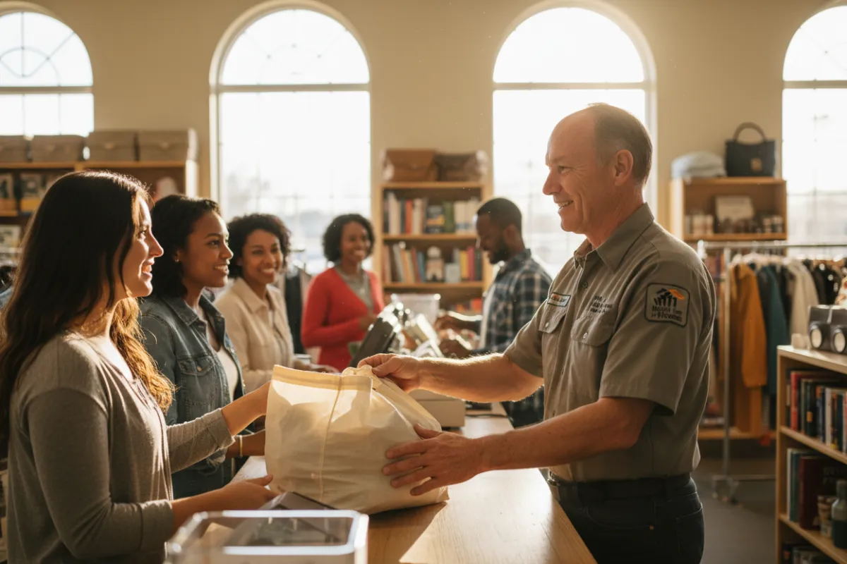 A middle-aged veteran in work attire, smiling as he assists a customer at the thrift store counter, with natural light streaming in and community members browsing in the background. The atmosphere is uplifting and active.