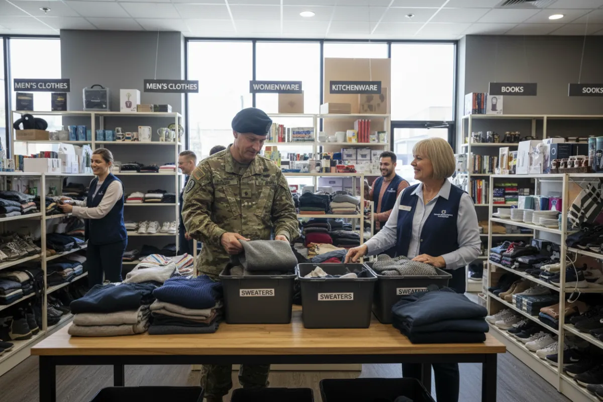 Veteran in uniform sorting donations in a well-organized thrift store, surrounded by shelves of clothing and household items, with a supervisor providing guidance. The environment is clean, structured, and supportive, emphasizing skill-building and teamwork.