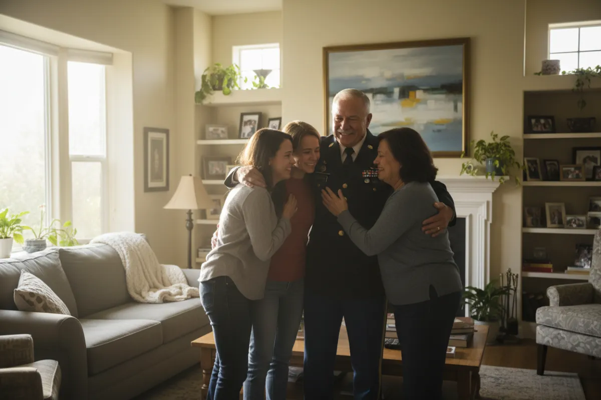 Veteran in uniform hugging family, sunlit home, diverse, hopeful expressions