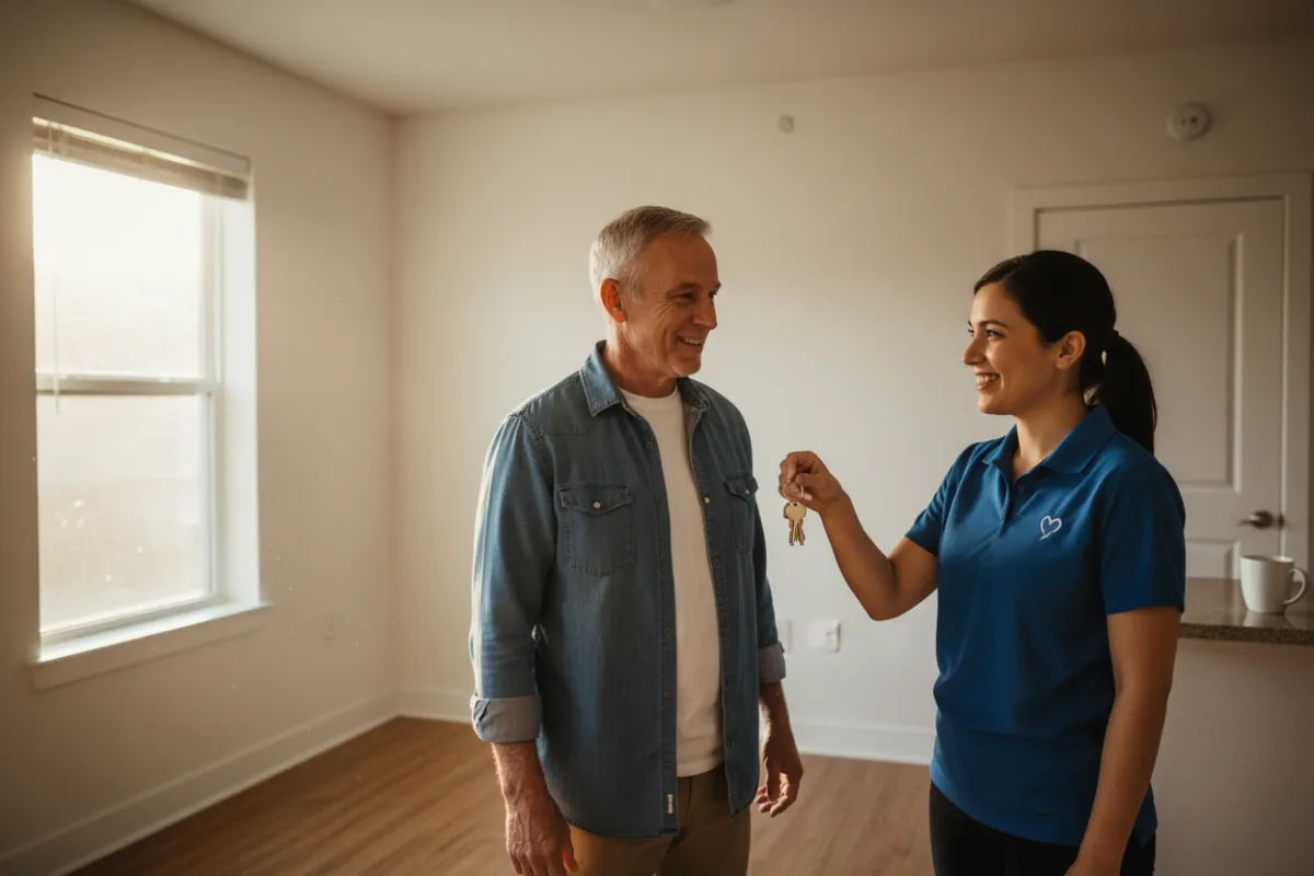 A middle-aged veteran in casual attire receives house keys from a supportive staff member at Light & Love Thrift Co. The setting is a freshly renovated apartment, with sunlight streaming through the window. Both individuals are smiling, conveying a sense of accomplishment and new beginnings.