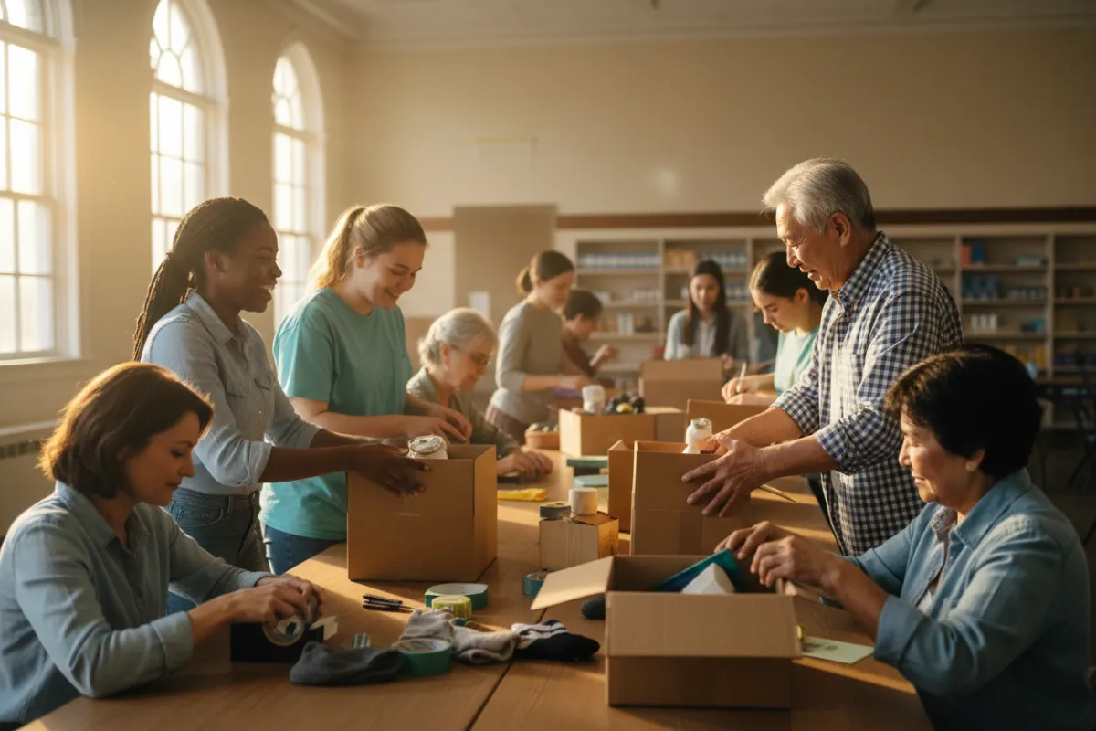A diverse group of volunteers, young and old, gather around a table assembling care packages in a bright community center. Sunlight streams through large windows, highlighting their teamwork and shared purpose. The scene radiates warmth, unity, and hope.