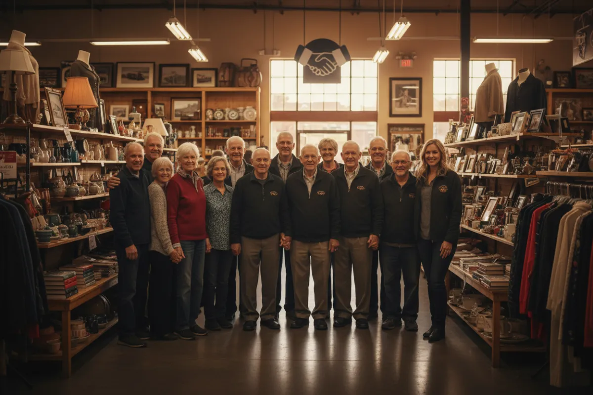 A diverse group of veterans and volunteers, warmly lit, standing together in a thrift store, smiling and supporting each other, with shelves of donated goods in the background. The scene radiates hope and unity.