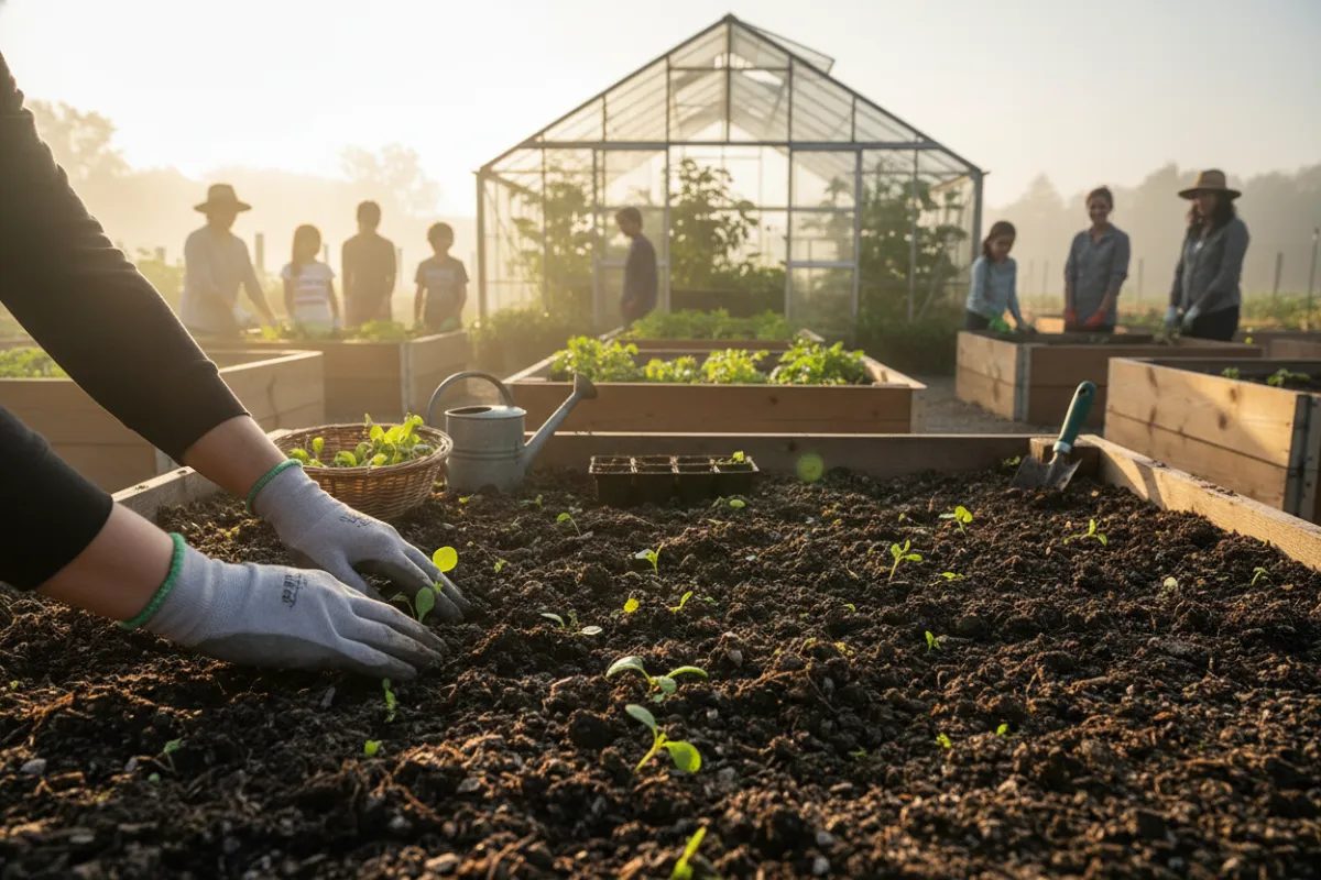 Greenhouse and raised beds at sunrise with hands planting seedlings