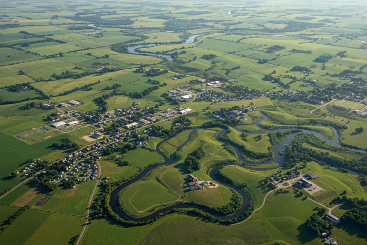 Aerial view of Williamsburg and Berkeley counties, showing green fields, winding rivers, and small towns. The landscape is dotted with community centers and schools, symbolizing outreach and connection across rural and urban areas.