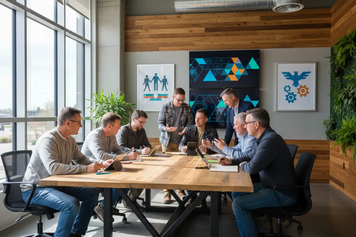 A diverse group of veterans in casual attire, collaborating in a bright, modern training room with motivational posters and digital screens, representing teamwork and empowerment. The setting is welcoming and energetic, with natural light and a sense of purpose.