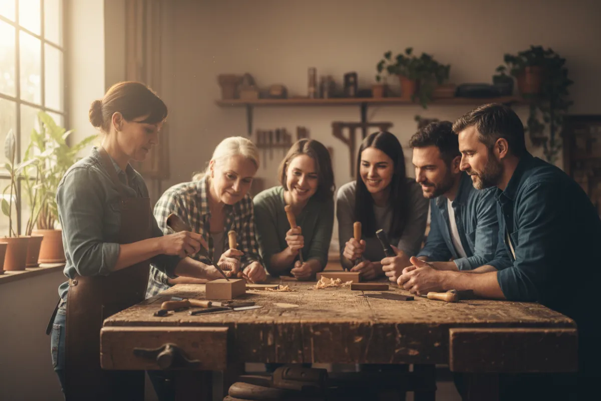 Hands-on life-skills workshop with diverse adult learners and instructor demonstrating safe tool use.