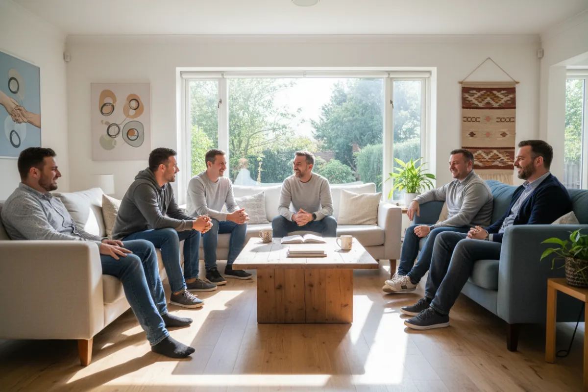 A diverse group of men, recently released, gather in a sunlit living room with comfortable furniture, sharing a moment of camaraderie. The space is clean, modern, and welcoming, with natural light and subtle community artwork on the walls.