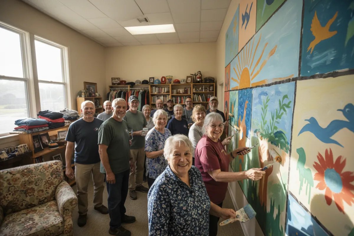 A diverse group of veterans, men and women of various ages and backgrounds, are gathered at Light & Love Thrift Co. They are smiling, working together on a community mural in a sunlit room, with thrift store items visible in the background. The atmosphere is warm, inclusive, and hopeful.