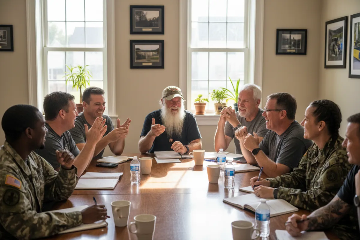 A diverse group of veterans participating in a life-skills workshop, seated around a table with notebooks and coffee, engaged in discussion. The room is bright and welcoming, with motivational posters and a sense of camaraderie.