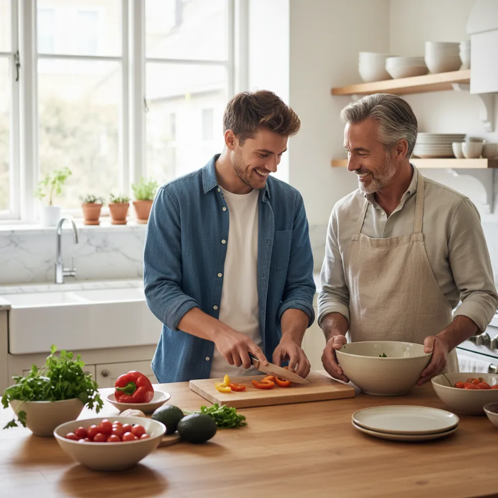 Two men of different ages, one in his 20s and one in his 50s, collaborate in a bright kitchen, preparing a meal together. The kitchen is tidy, with fresh produce and a sense of teamwork and mutual respect.