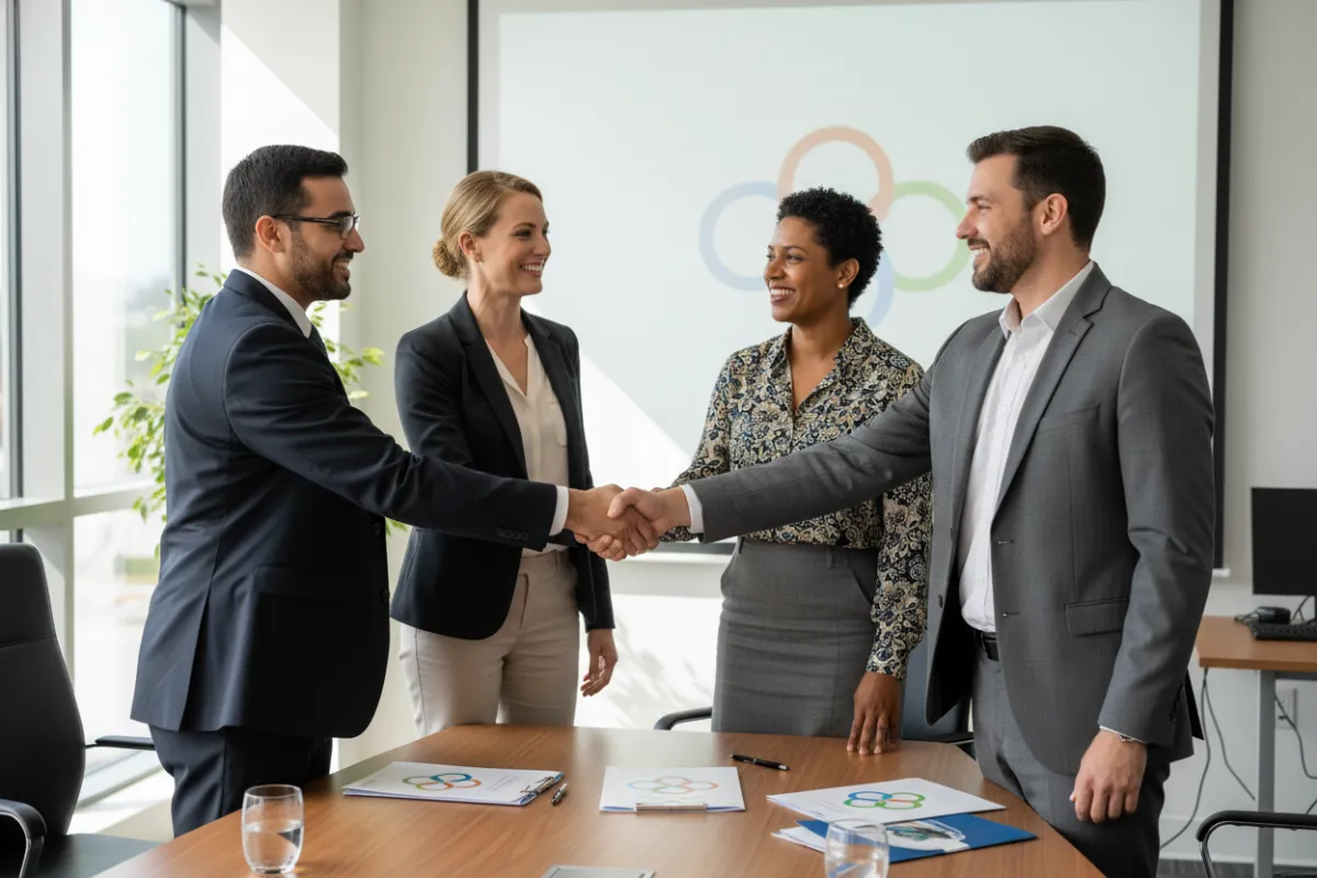 A group of community leaders, including a parole officer, employer, and nonprofit representative, stand together in a conference room, smiling and shaking hands. The setting is professional, with visible partnership materials on the table.