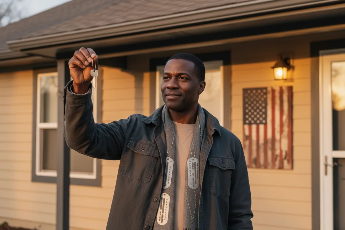A Black veteran stands in front of a transitional home holding keys, styled with warm beige and charcoal tones reflecting a hybrid nonprofit–military aesthetic.