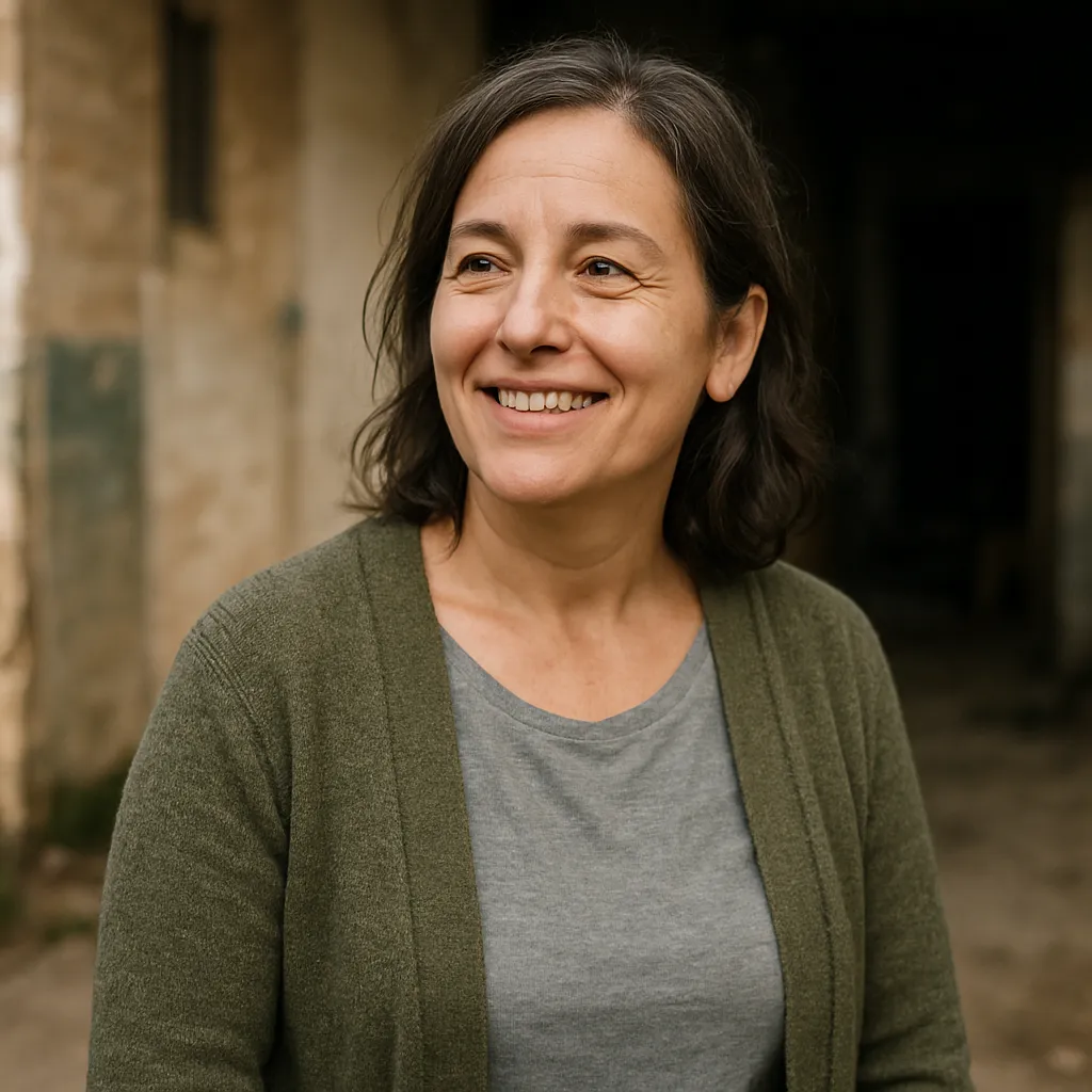 Half-body portrait of a recovered resident, woman in her 40s with a warm smile, wearing a cardigan and looking slightly off-camera; candid photorealistic style that conveys resilience and hope, soft natural light, isolated subject with environmental context preserved.