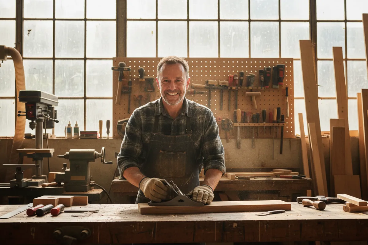 A candid photo of a veteran smiling while working in a woodshop. The veteran is hands-on with tools, surrounded by natural light, and the setting is filled with woodworking equipment. The image captures pride, skill, and the positive transformation from support received.