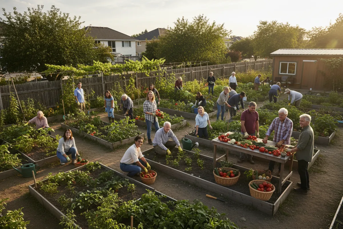 Volunteers and residents collaborating in a community garden