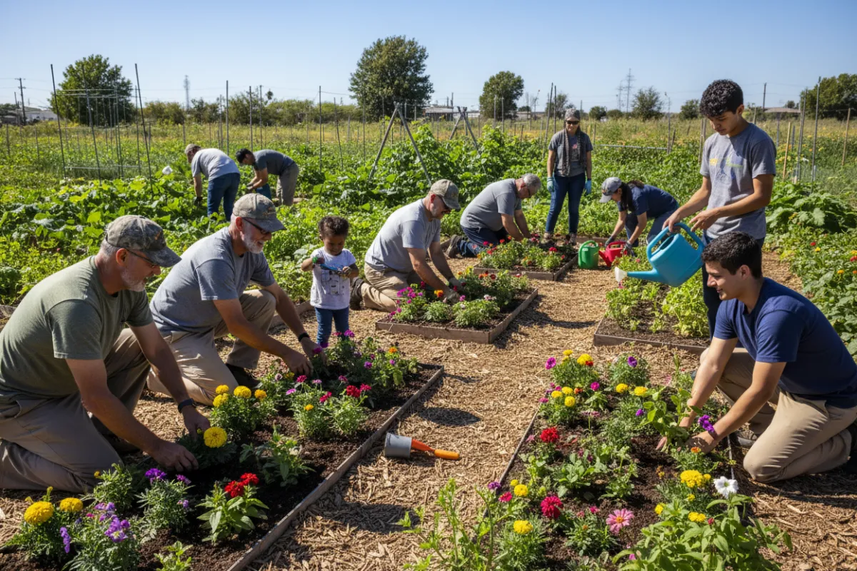 Veterans volunteering at a community garden, planting flowers and interacting with local families. The scene is outdoors, vibrant, and inclusive, with a mix of ages and backgrounds working together in a spirit of service.