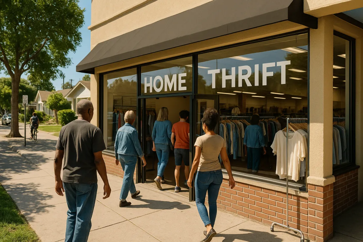 Wide, bright photograph of the thrift store storefront with community members entering; window signage reads 'Home Thrift', racks visible inside, midday sun and an inviting walkway showing local neighborhood activity and accessibility.