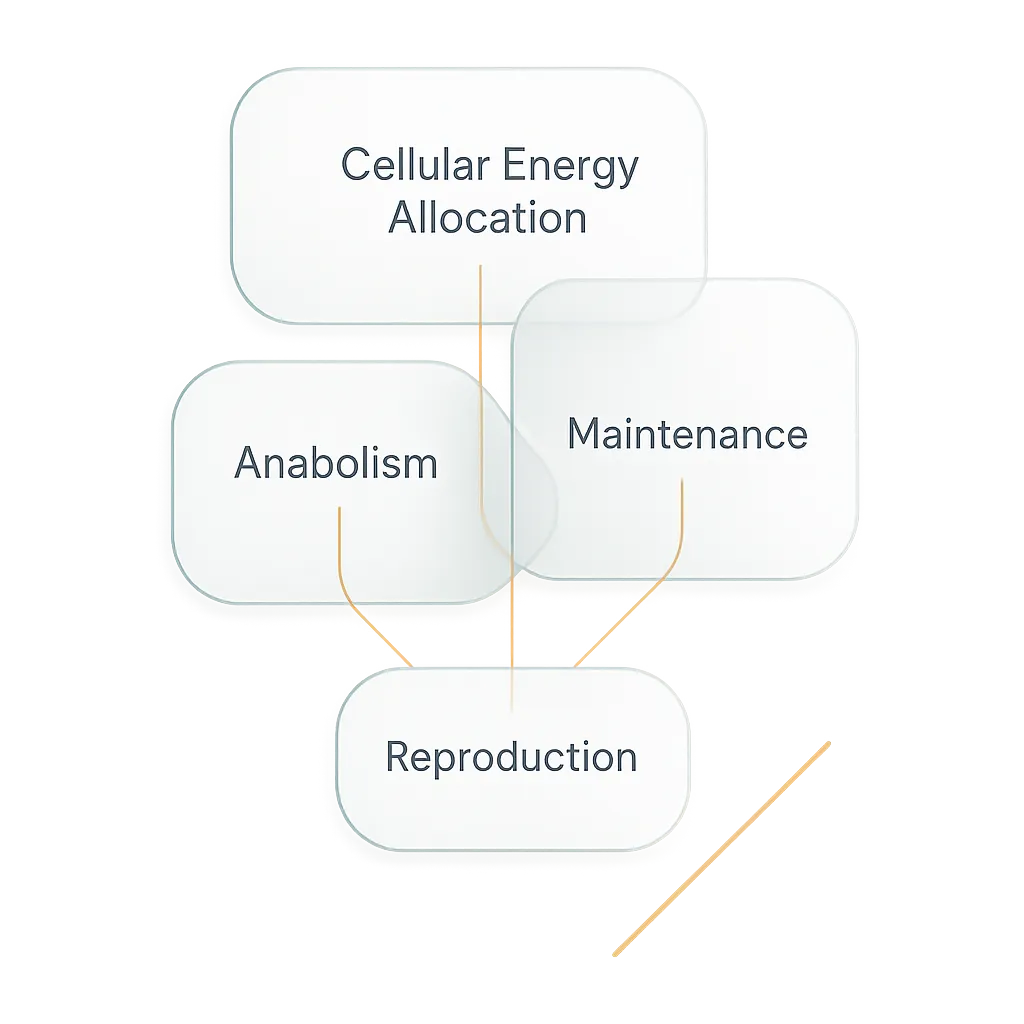 Minimalist abstract medical-grade diagram illustrating biological resource allocation and cellular stress
