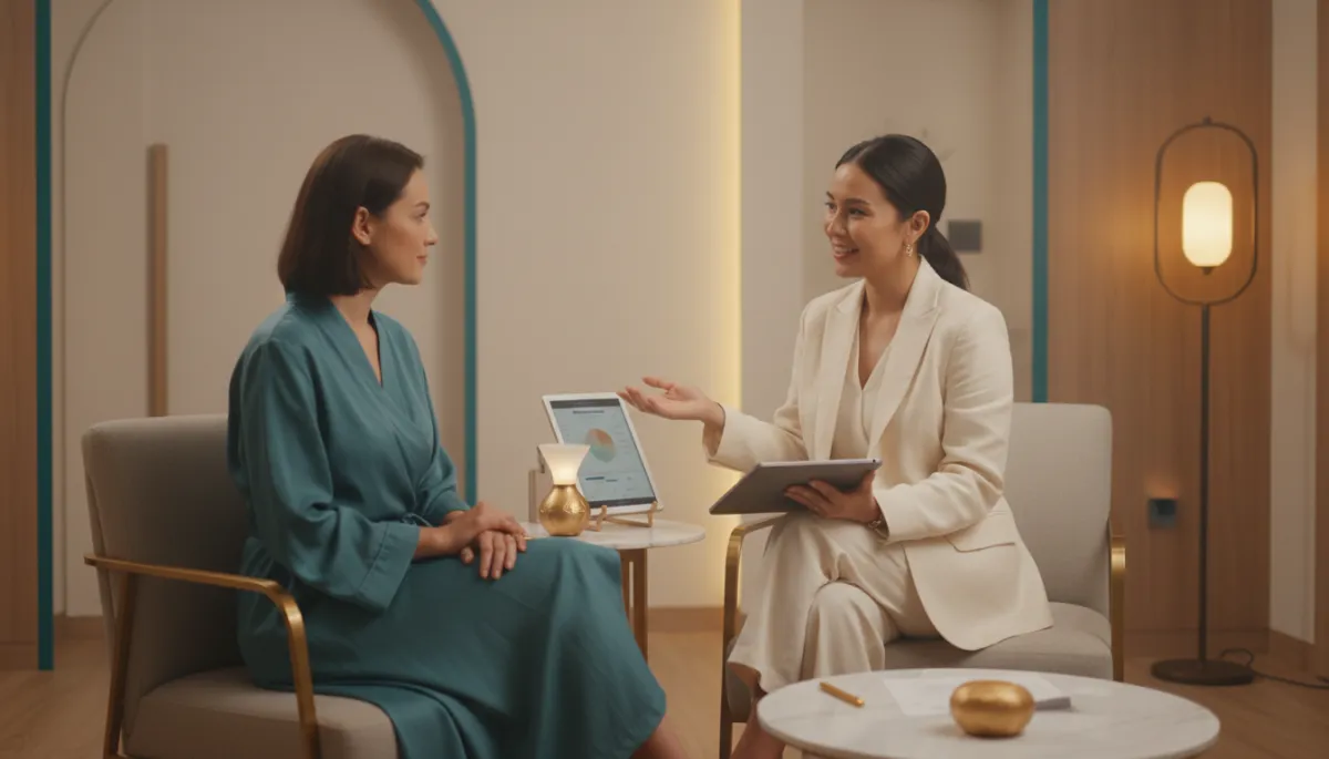 Clinical wellness expert consulting with a patient in a serene, high-end spa environment