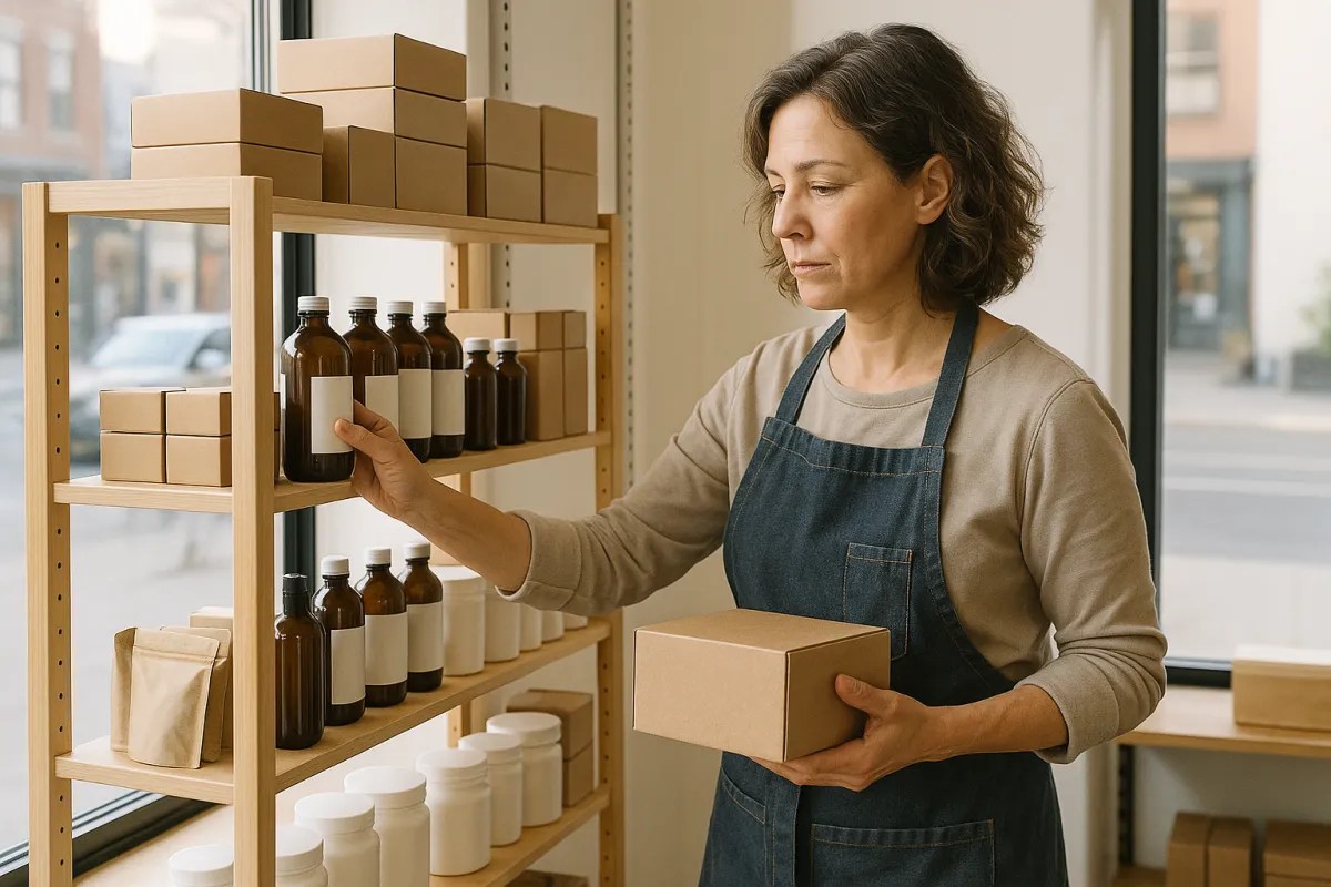 Small retail owner organizing inventory by a storefront shelf in natural morning light