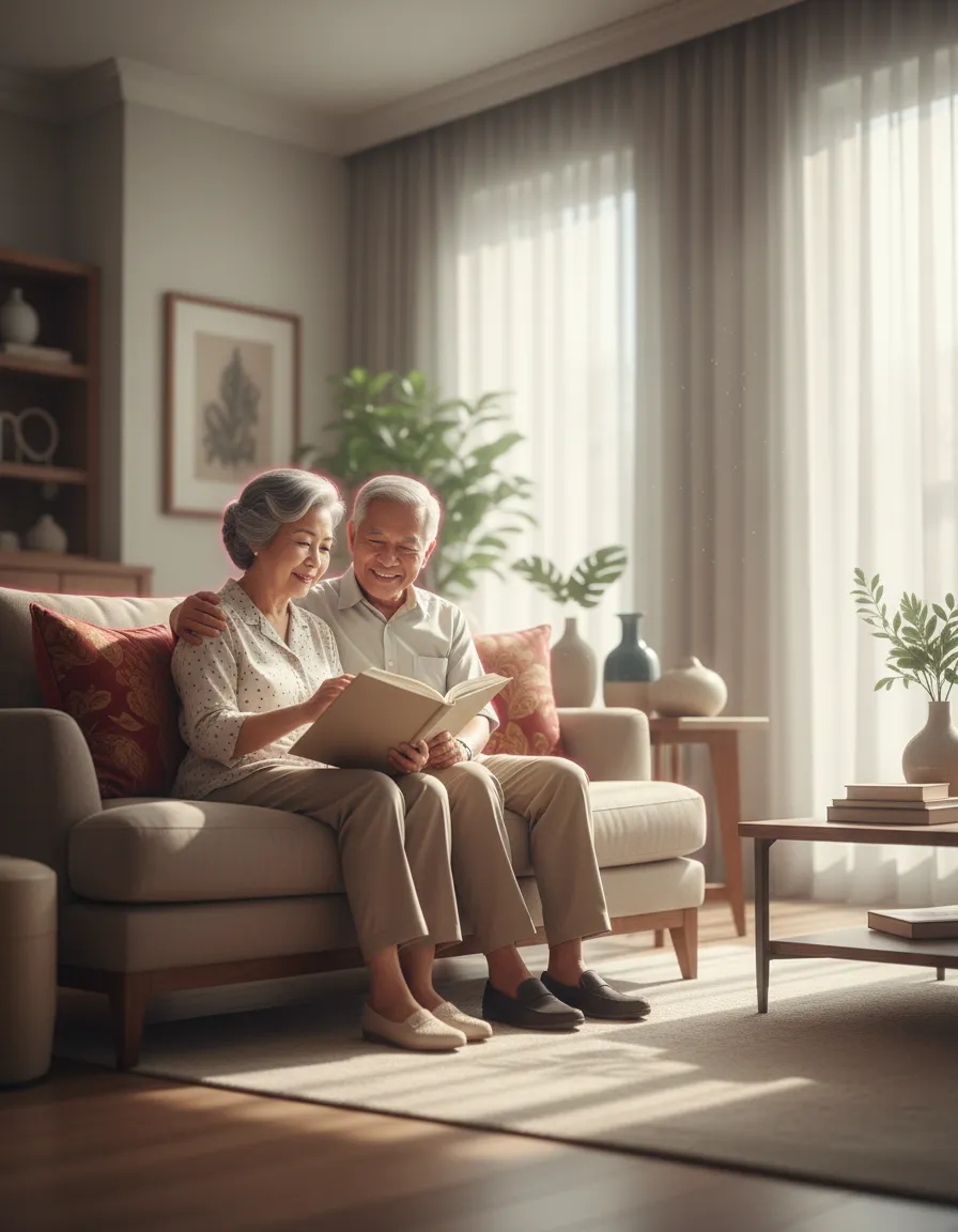 Two seniors reading in a shared sunny living space