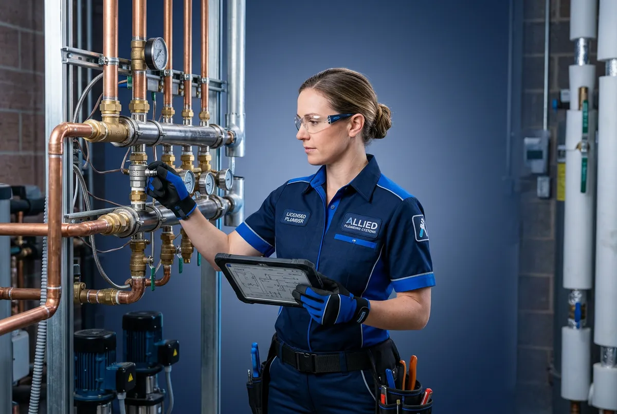 Licensed commercial plumber inspecting modern pipe manifold system