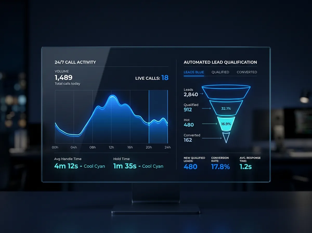 Dashboard showing 24/7 incoming call activity and automated lead qualification graph