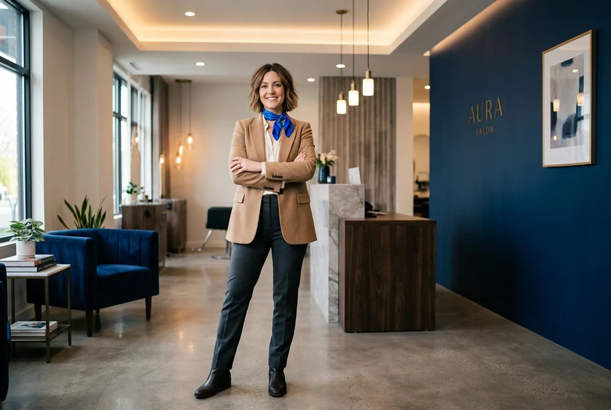 Stylist working in modern luxury hair salon reception area