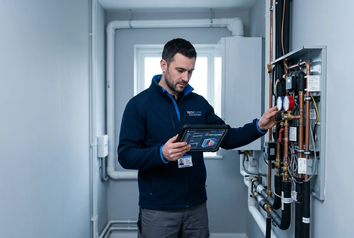HVAC technician diagnosing residential heat pump system with digital tools