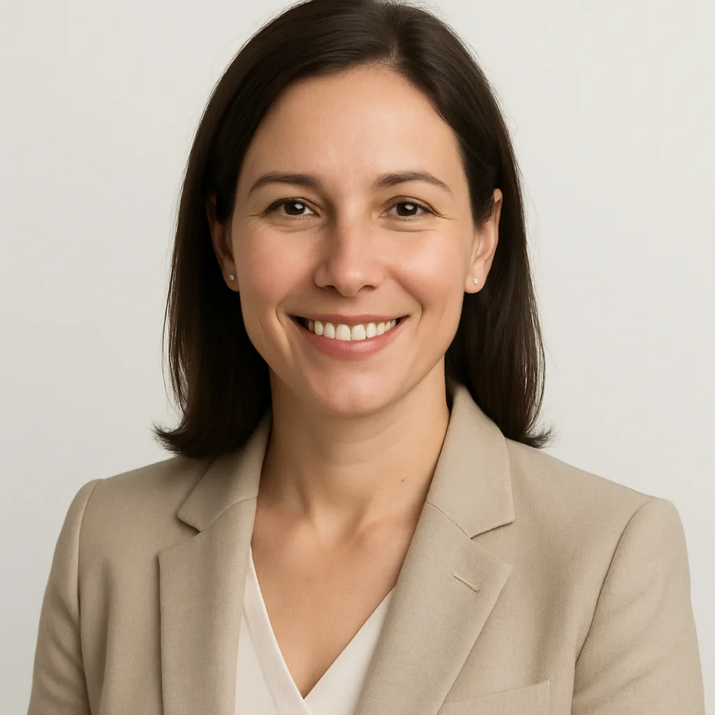Headshot of Maya R., clinic administrator, neutral background, waist-up portrait