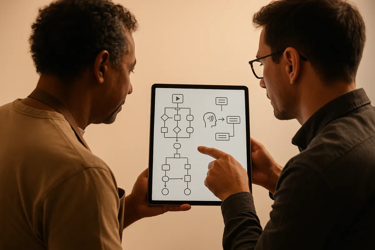 Small business owner and automation specialist collaborating over workflow diagrams and voice scripts on a tablet.