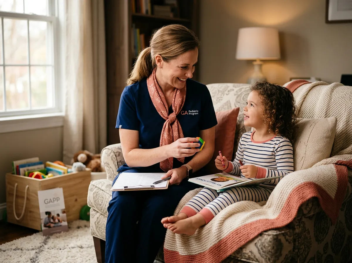 Registered nurse providing compassionate pediatric care to a young child at home