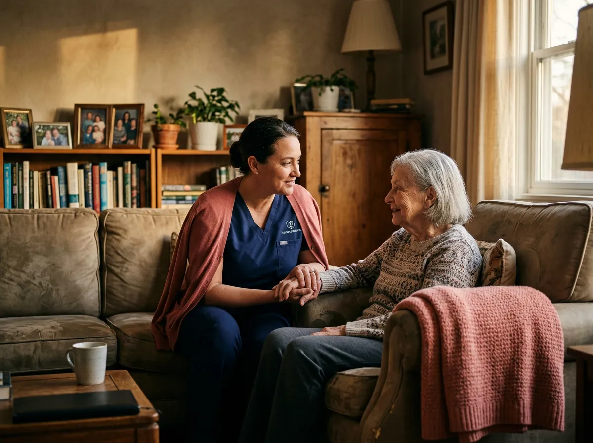 Compassionate nurse assisting an elderly senior with dignified companion and home care support
