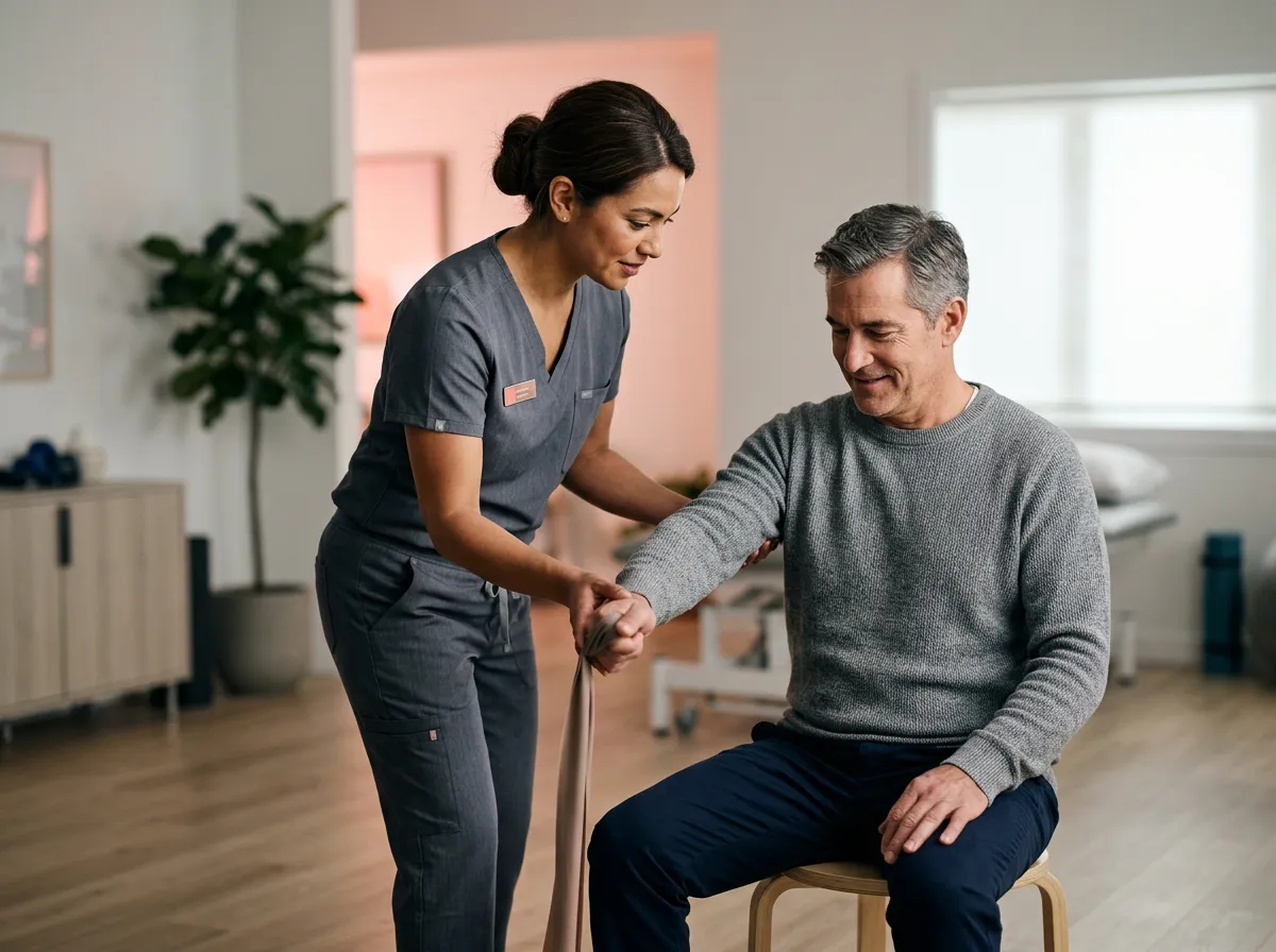 Dedicated nurse providing physical rehabilitation and independent living support to an adult patient