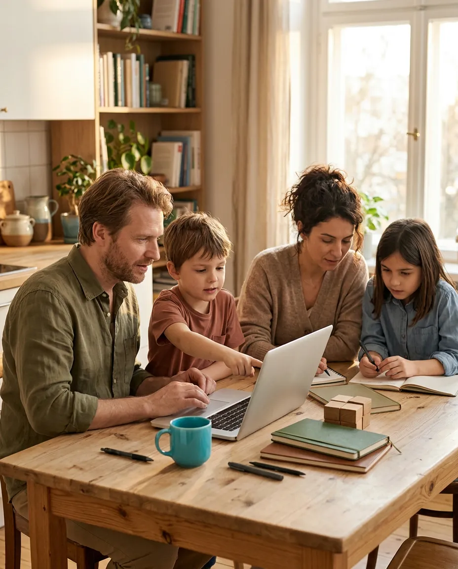 Family gathered at a kitchen table with a laptop and notebooks, warm golden-hour light