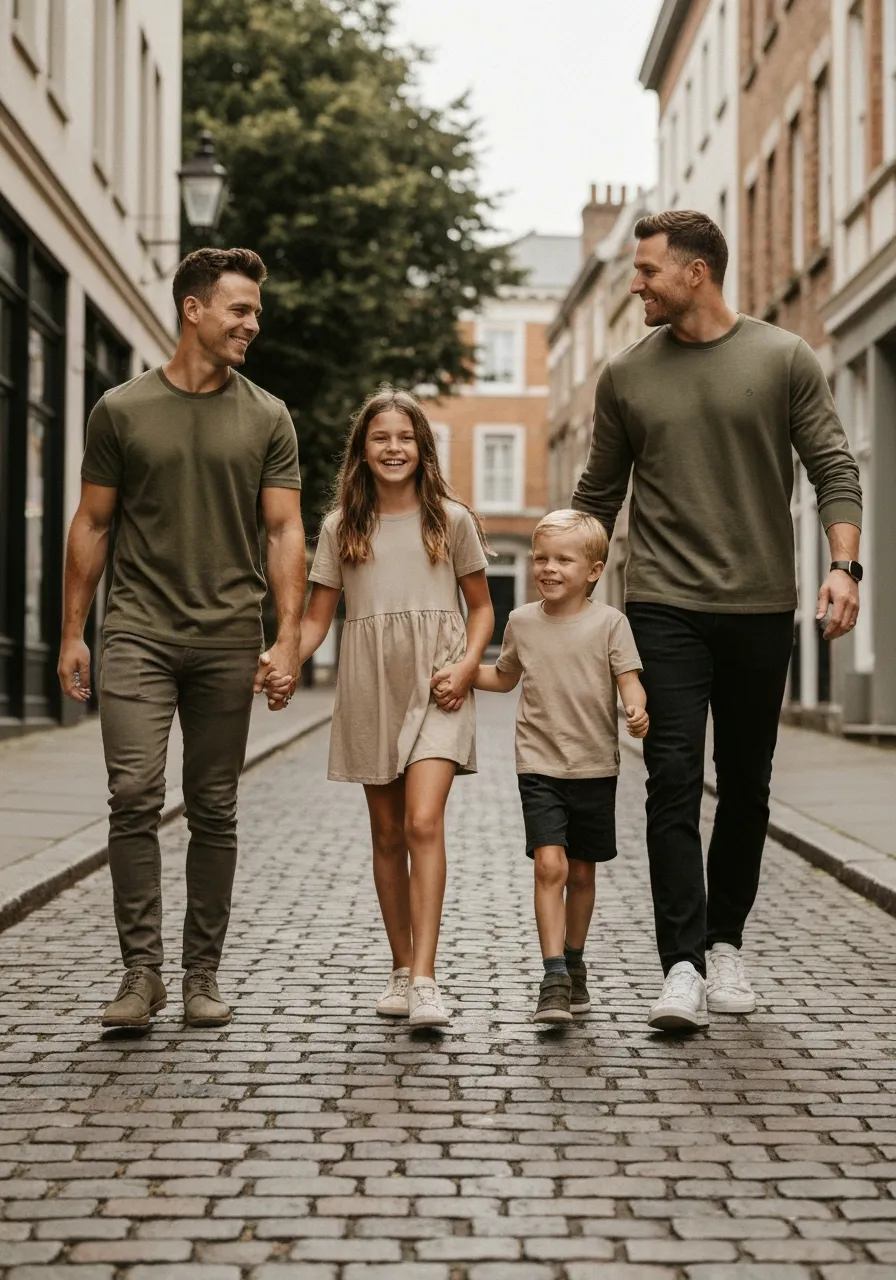 Family wearing faith apparel outdoors