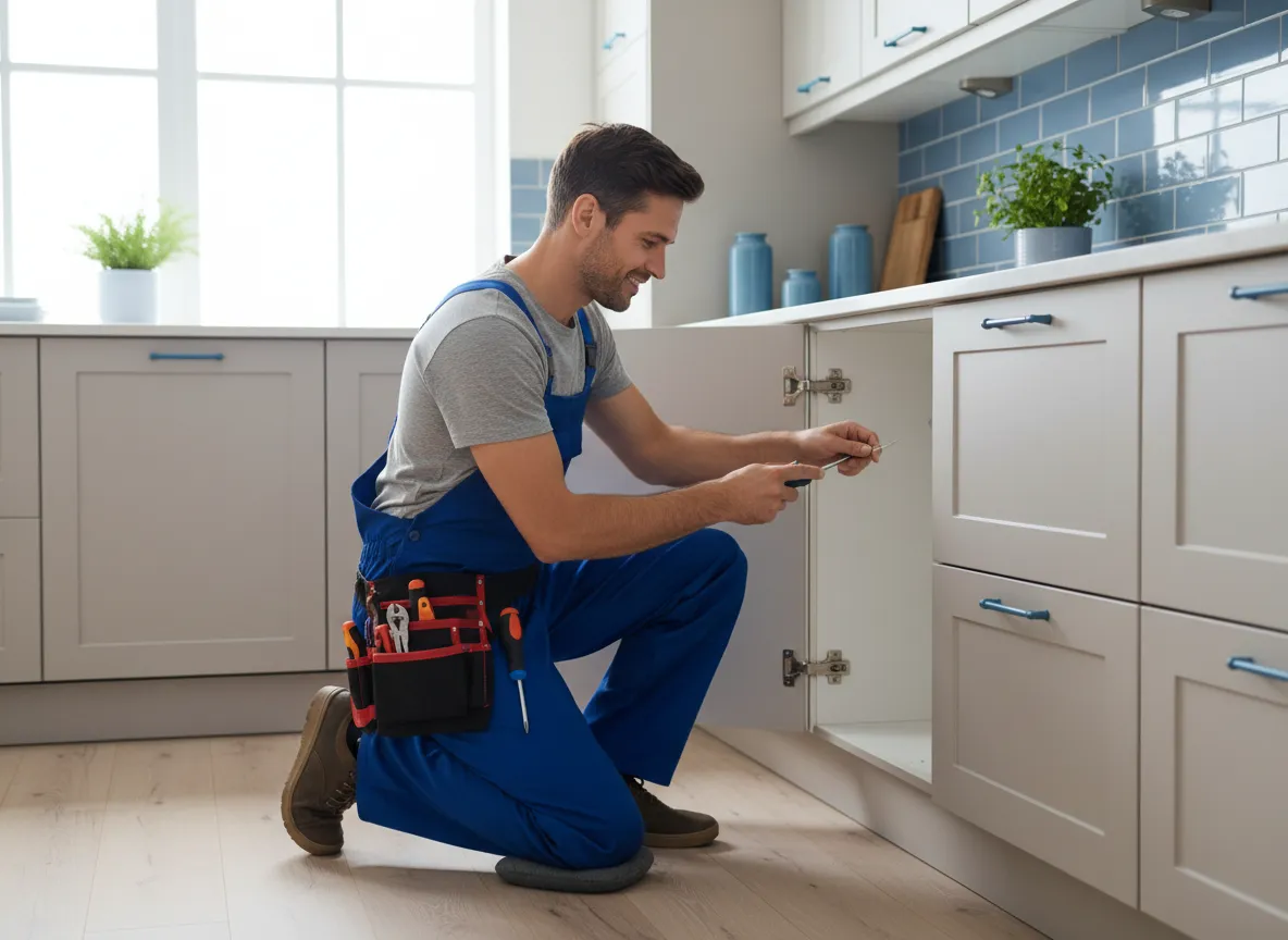 Handyman fixing a cabinet door in a kitchen