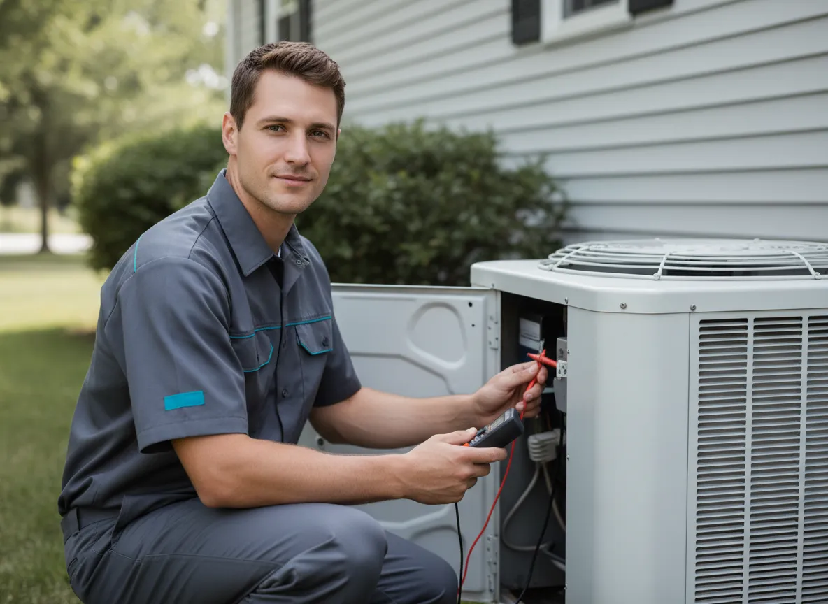 Technician performing seasonal HVAC maintenance