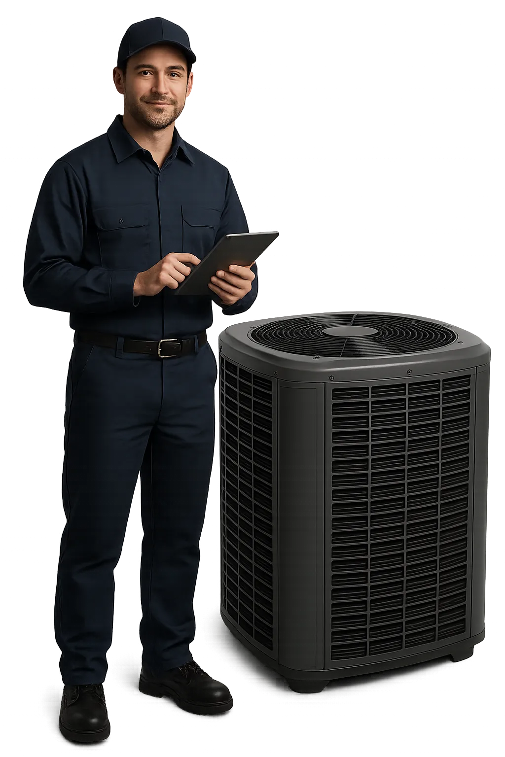 Master HVAC Certified Technician standing confidently with professional diagnostic tools