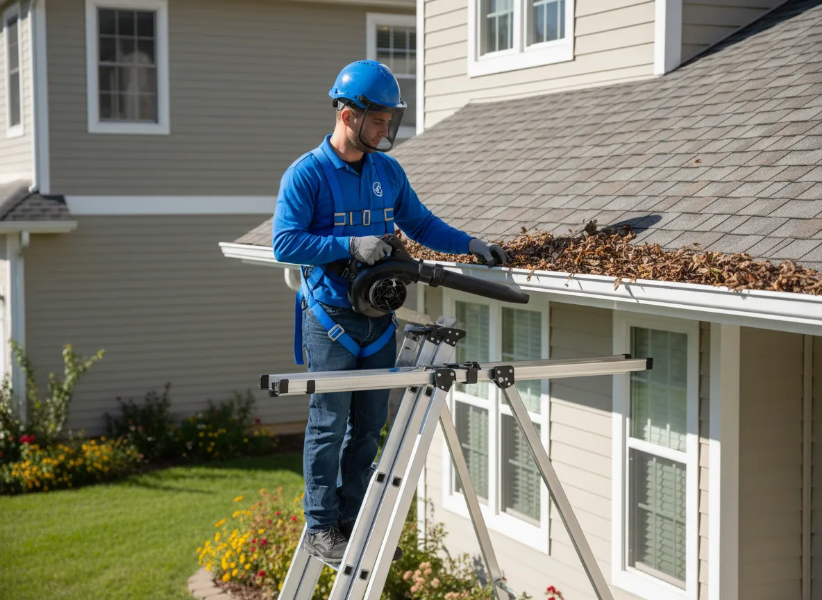 Technician cleaning home gutters with safety equipment