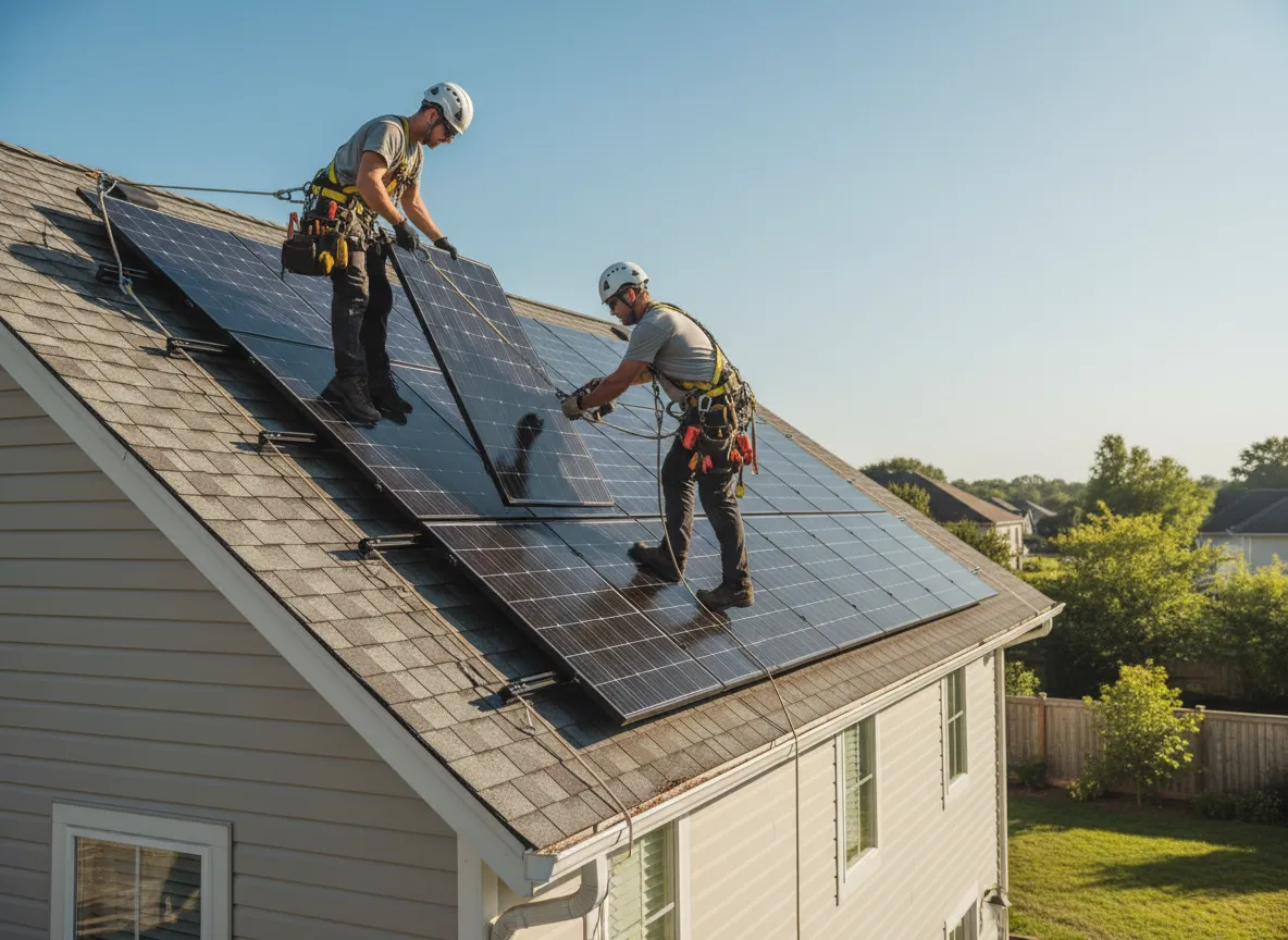 Technicians installing solar panels on a residential roof