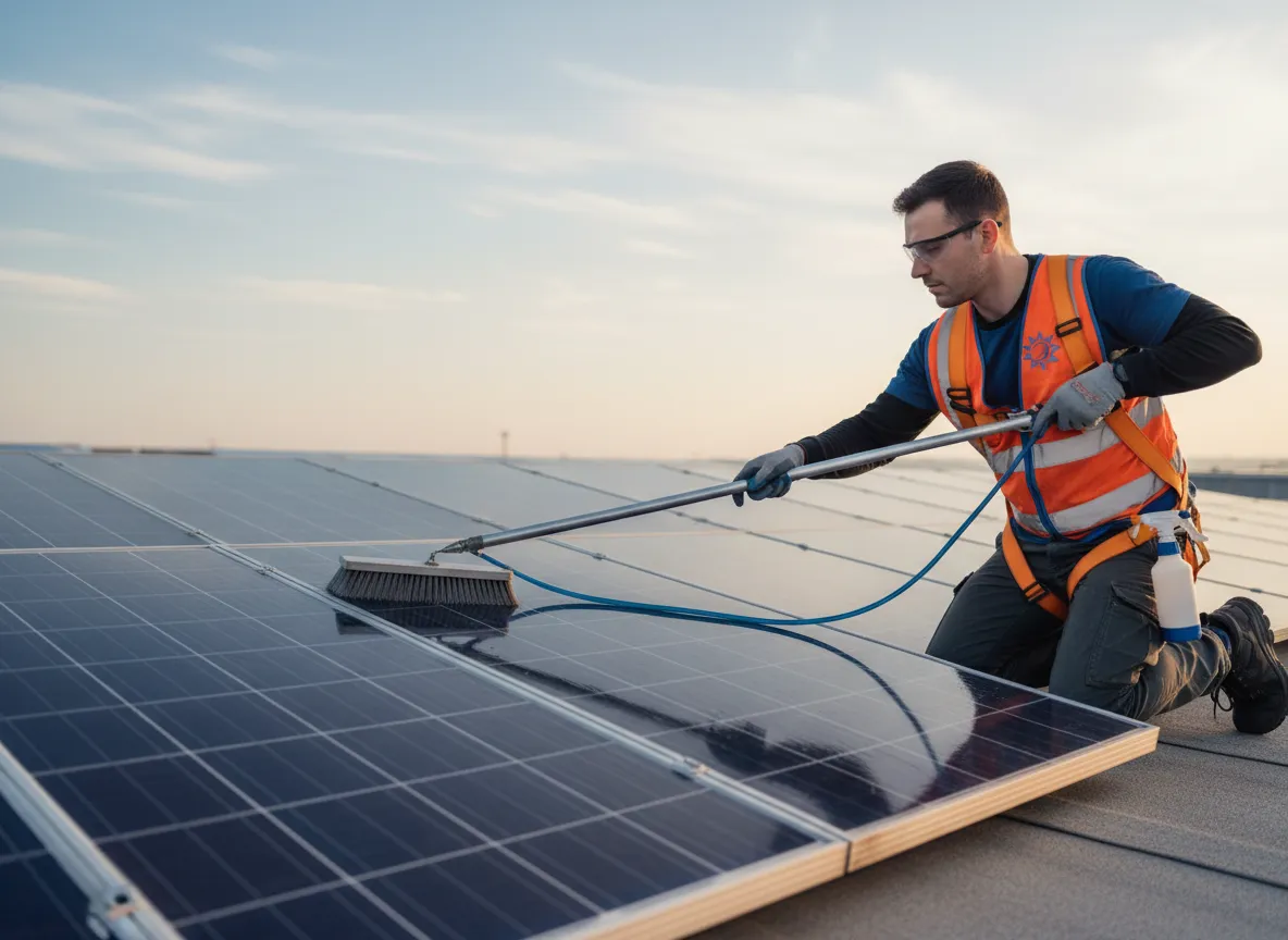 Technician performing maintenance on solar panels