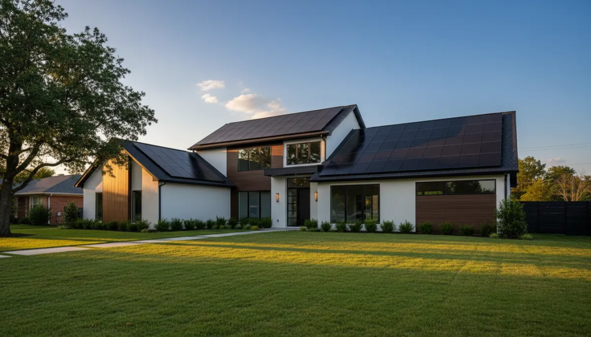 Modern residential home with rooftop solar panels at sunset