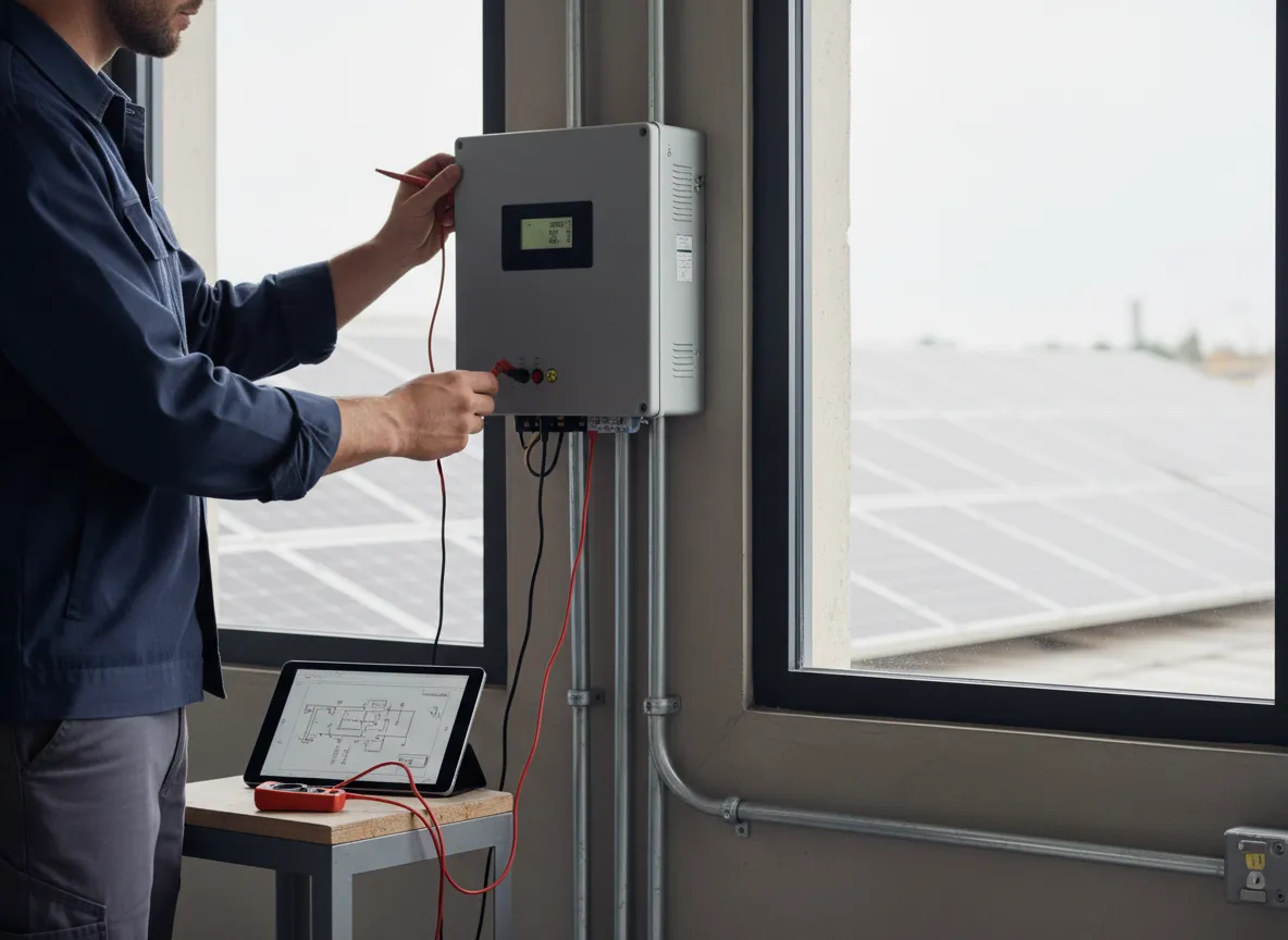 Solar technician repairing an inverter unit