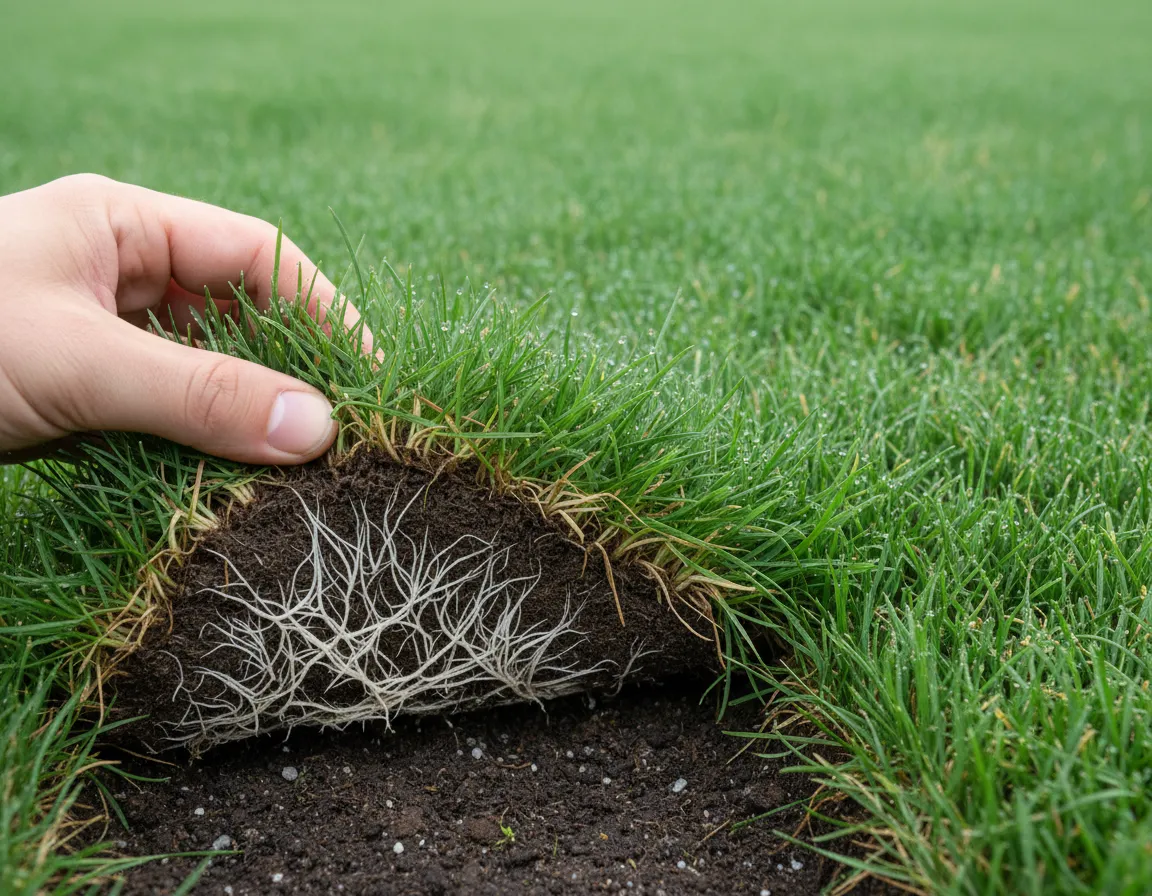 New sod in week two with roots starting to anchor in soil