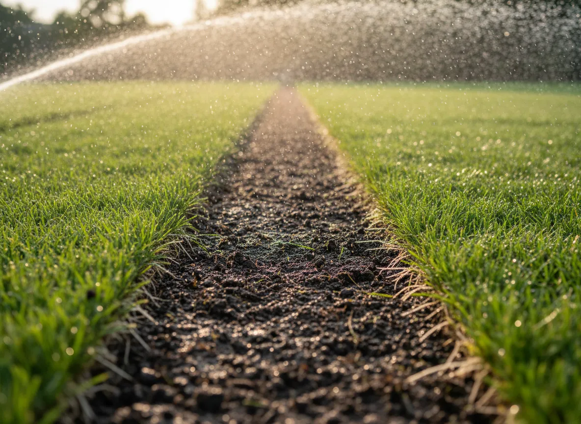 Close-up of healthy new sod being watered in the first week