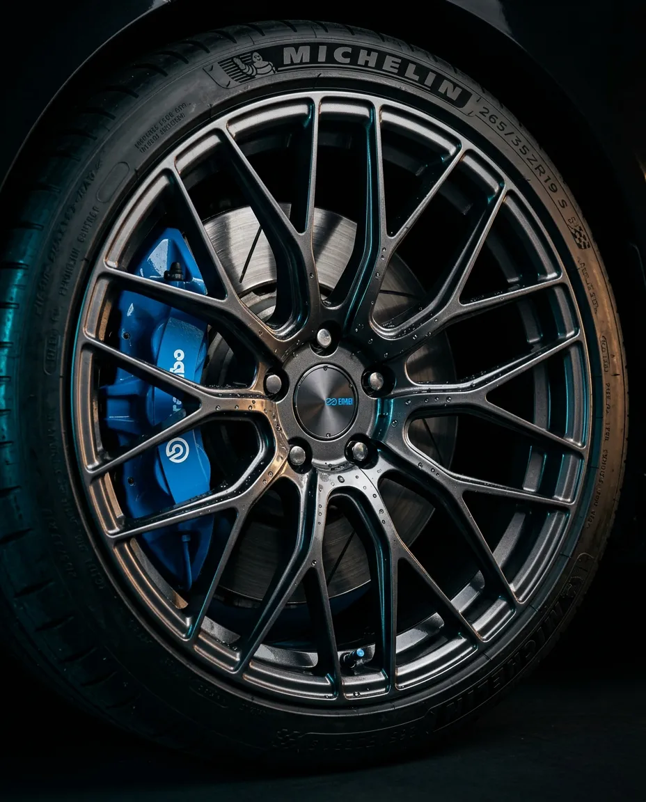 High-contrast editorial close-up of a precision detailed multi-spoke automotive wheel with ceramic coating gloss and clean brake caliper